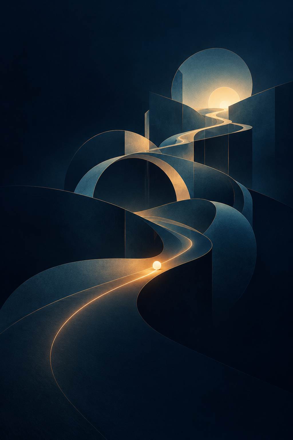 Abstract golden path rising through deep blue architectural forms